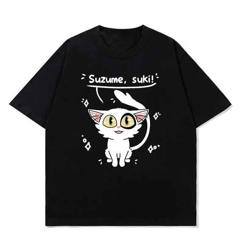 cotton Anime Suzume Suki White Cat Print T Shirt Women Cute Cartoon Graphic Short Sleeve Casual Summer Red Tee