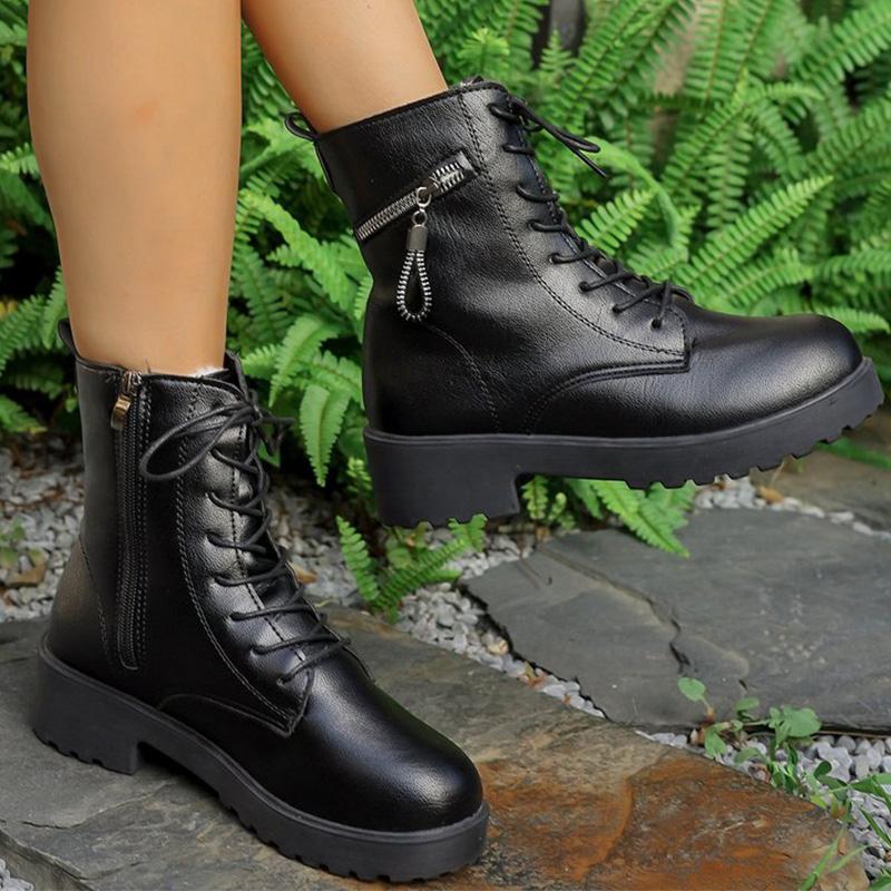 Fashion Black Pu Leather Modern Boots for Women Autumn Winter Lace Up Platform Ankle Boots Woman Zipper Short Plush Booties Female