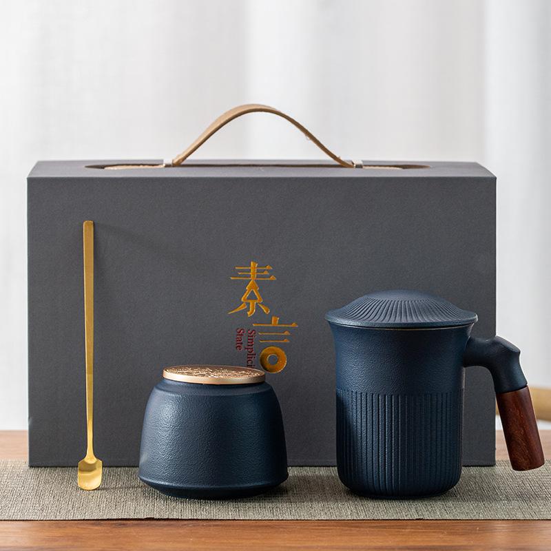 Office Wooden Handle Ceramic Water Cup Mug Chinese Tea Separation Tea Cup Gift