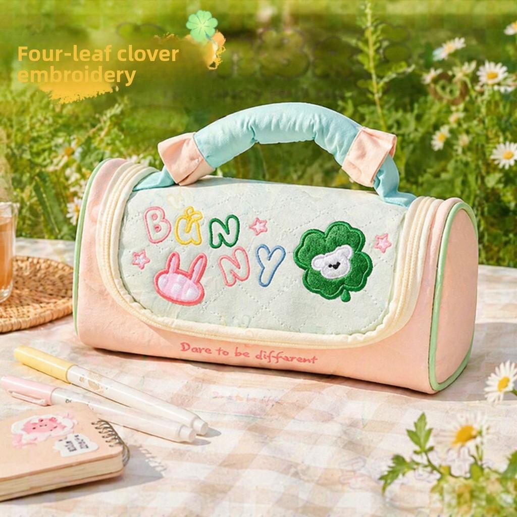 Oxford Cloth Cute Clover Pencil Case With Embroidery Large Capacity For Students And Office