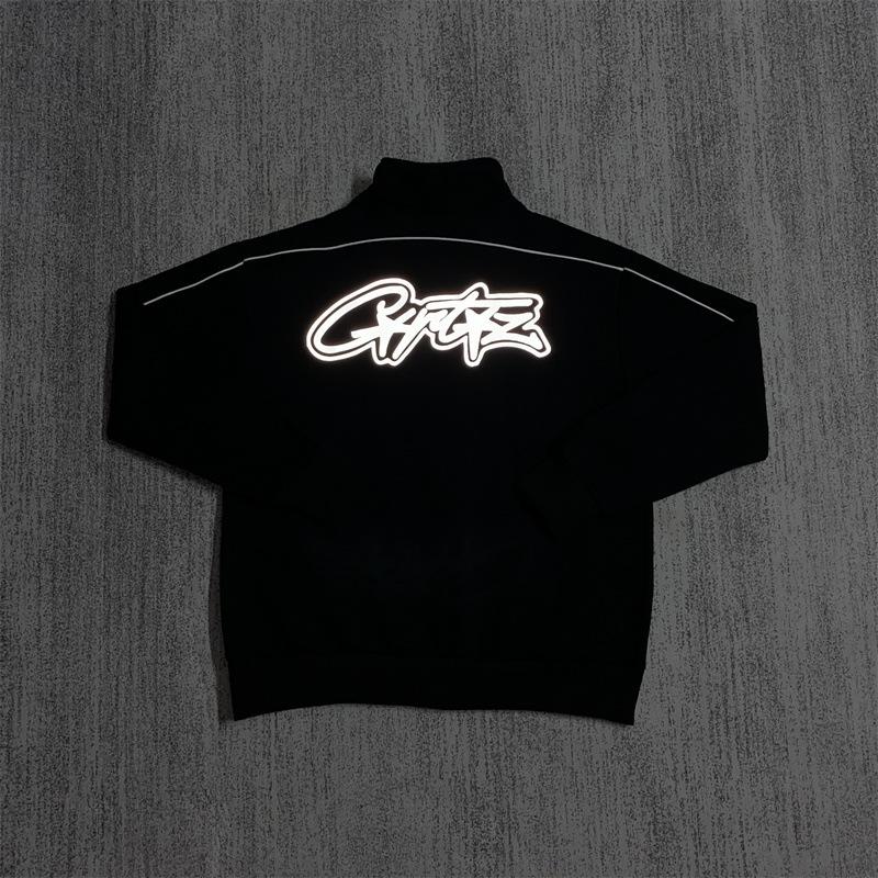 American Retro Reflective Corteiz Alcatraz Jacket with Stand Collar and Zippered Casual High Street Pants