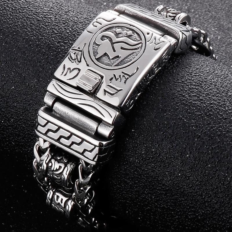 Religious Bracelet for Men 316L Stainless Steel 22MM Buddhist Scriptures Link Men's Bracelets Leather On Hand Jewelry Massive