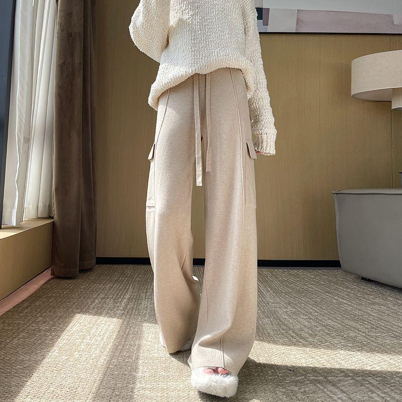 Knitted Wide Leg Pants for Women Autumn Winter High Waist Straight Leg Pants Loose and Casual Design Drawstring Work Pants