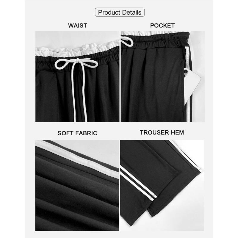Women Casual Loose Drawstring Pockets Striped Straight Wide Leg Cropped Pants