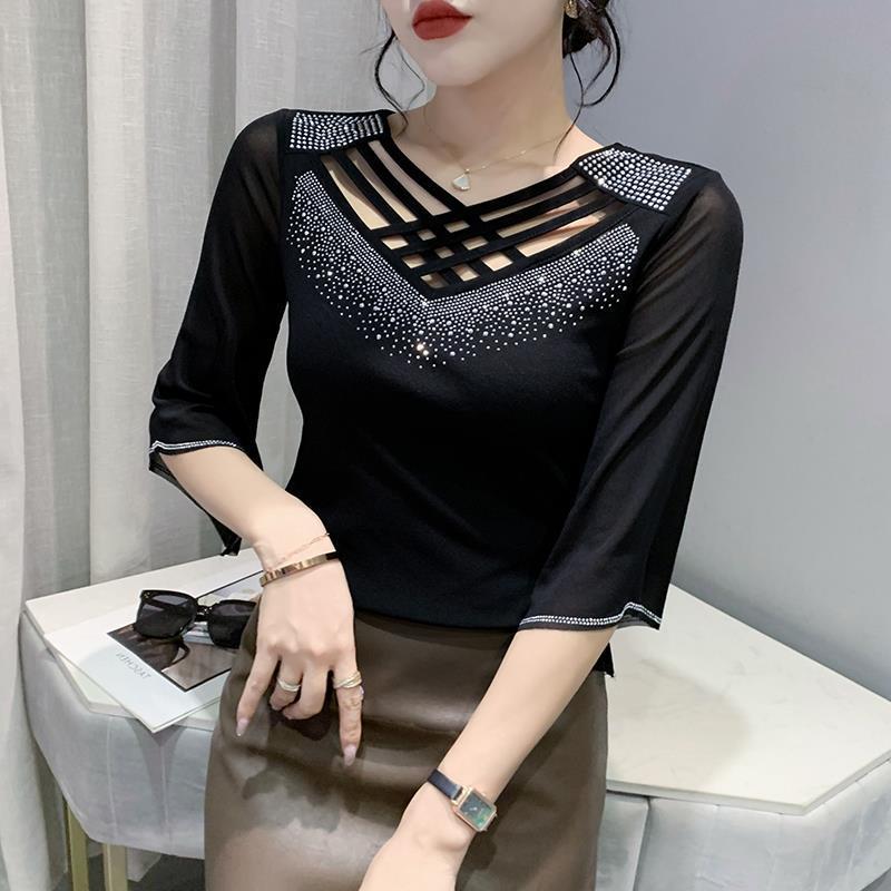 2024 Summer Mesh Fashion Cross Hollow Hot Drill Slimming Sun Protection Top for Women