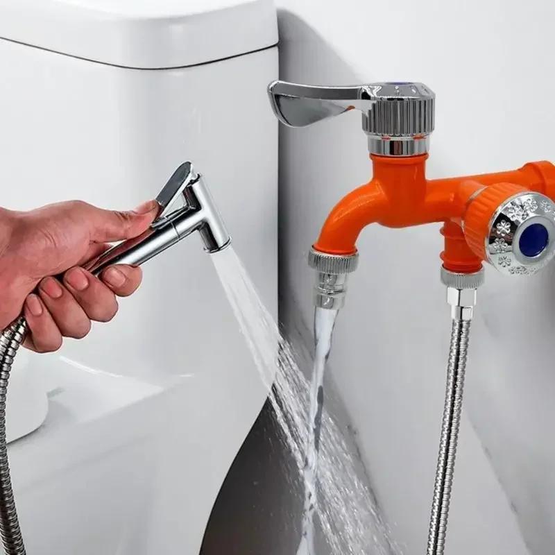 Toilet Faucet Double Outlet Double Control 2-in-1 Faucet Home Bathroom Hose Irrigation Accessory Plastic Connector