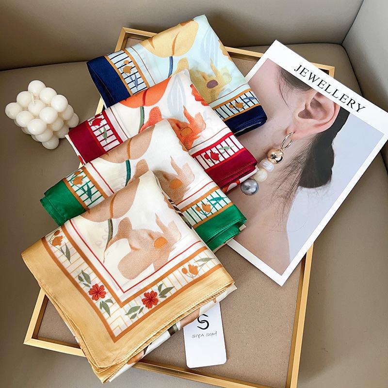 Korean Version of Spring Versatile Flower Small Square Scarf Small Fresh Chest Wrap Headscarf Decorative Scarf Neck Small Scarf Small Silk Scarf