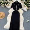 Neue Sommer Damen Polo Strickkleider Colorblock Elegante Kurzarmknöpfe Bodycon Wickelkleid Damenkleid