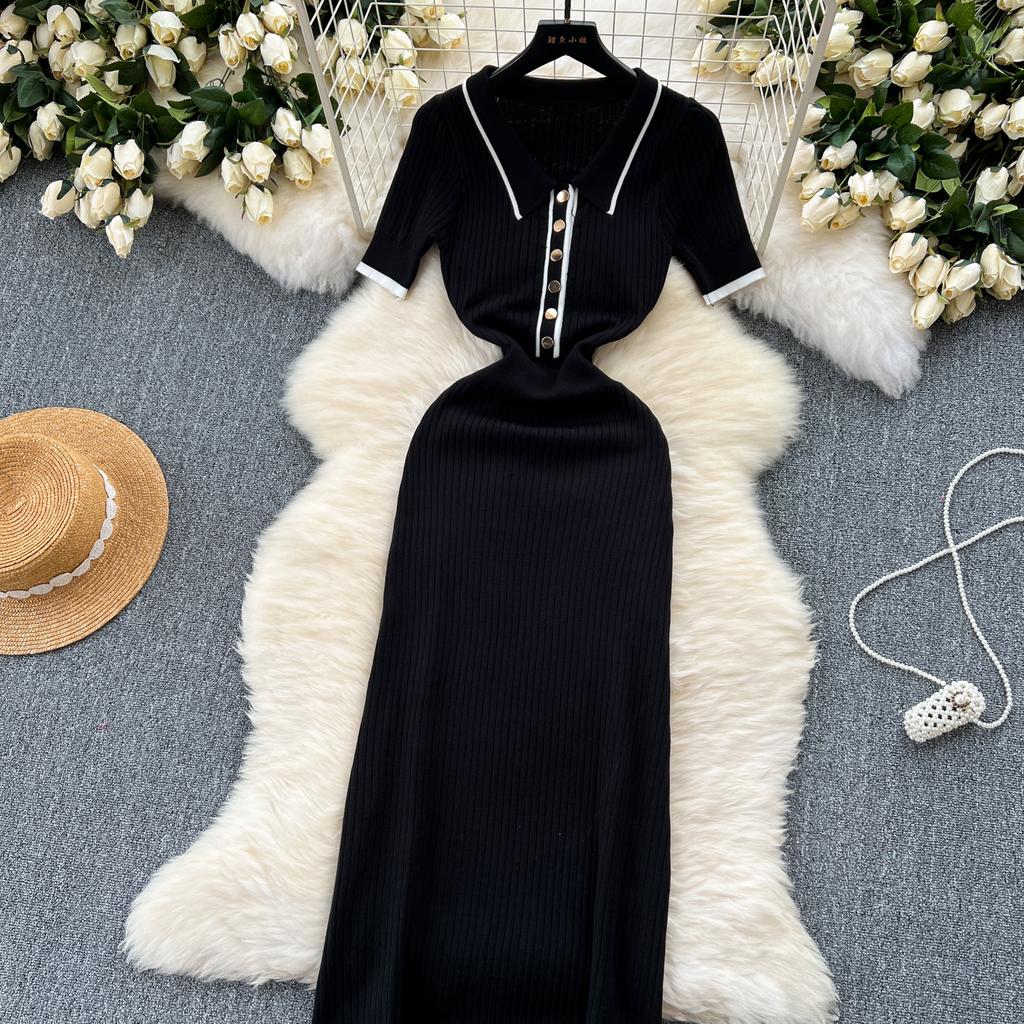 New Summer Women's Polo Knitted Dresses Colorblock Elegant Short Sleeve Buttons Bodycon Wrap Dress Female Dress
