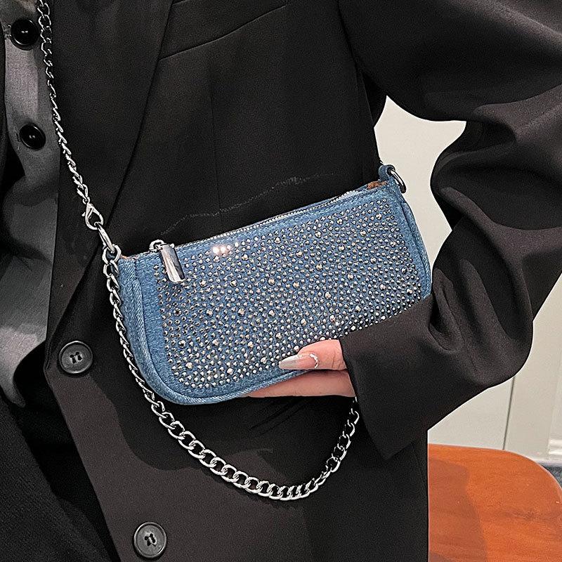 Trendy New Y2k Spice Girl Full of Diamonds Denim Underarm Bag Niche Design High-end Chain Messenger Bag Women