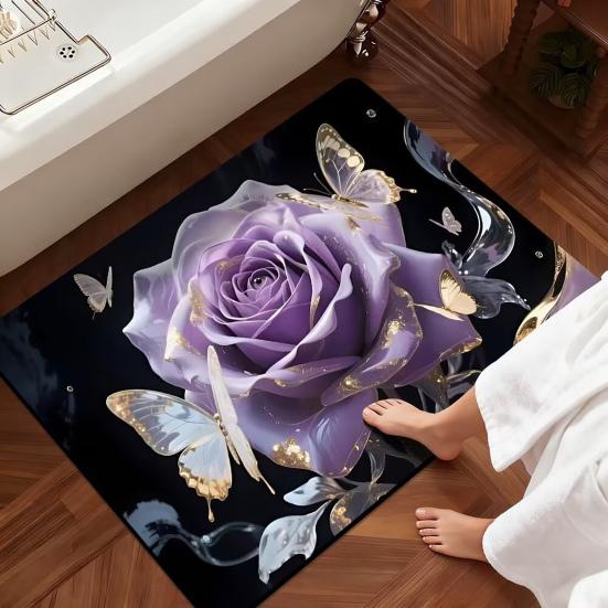 Yousheng 3D Rose Floor Mat Flower Pattern Non-Slip Bath Mat Realistic Rose And Butterflies Bathroom Rug for Entrance Bedroom Living Room
