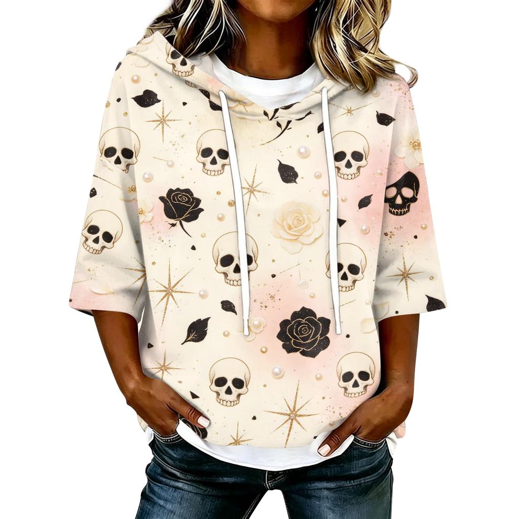 Women's Halloween Printed Hooded 3/4 Sleeve Casual Loose Fit Pullover