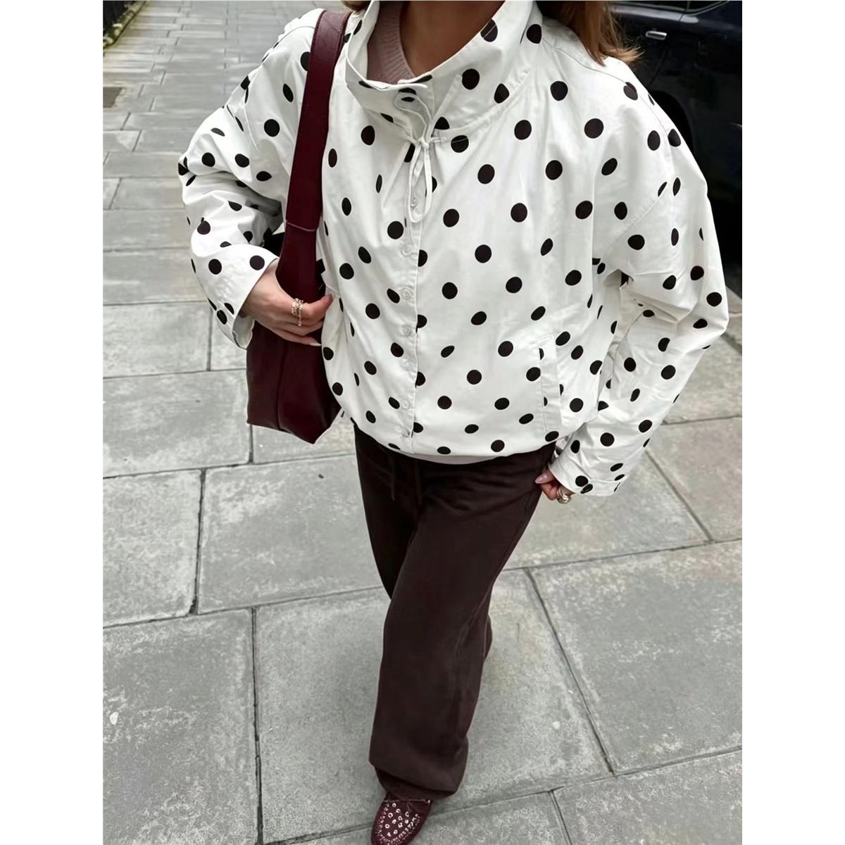 Chemisier à pois pour femme, col montant, manches longues, boutonnée, décontracté, ample, tops L blanc