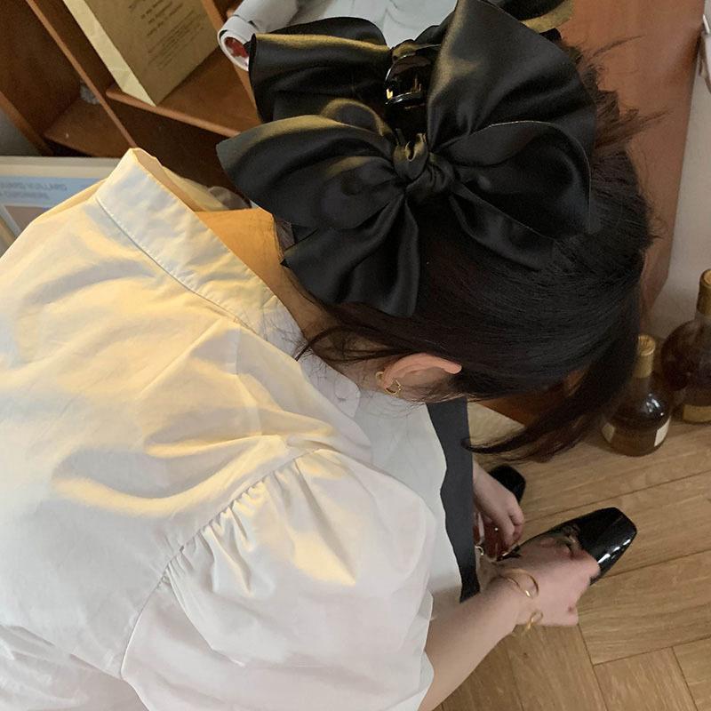 Oversized Black Satin Bow Clip High-End Hair Clip For Women'S Back Of The Head Shark Clip