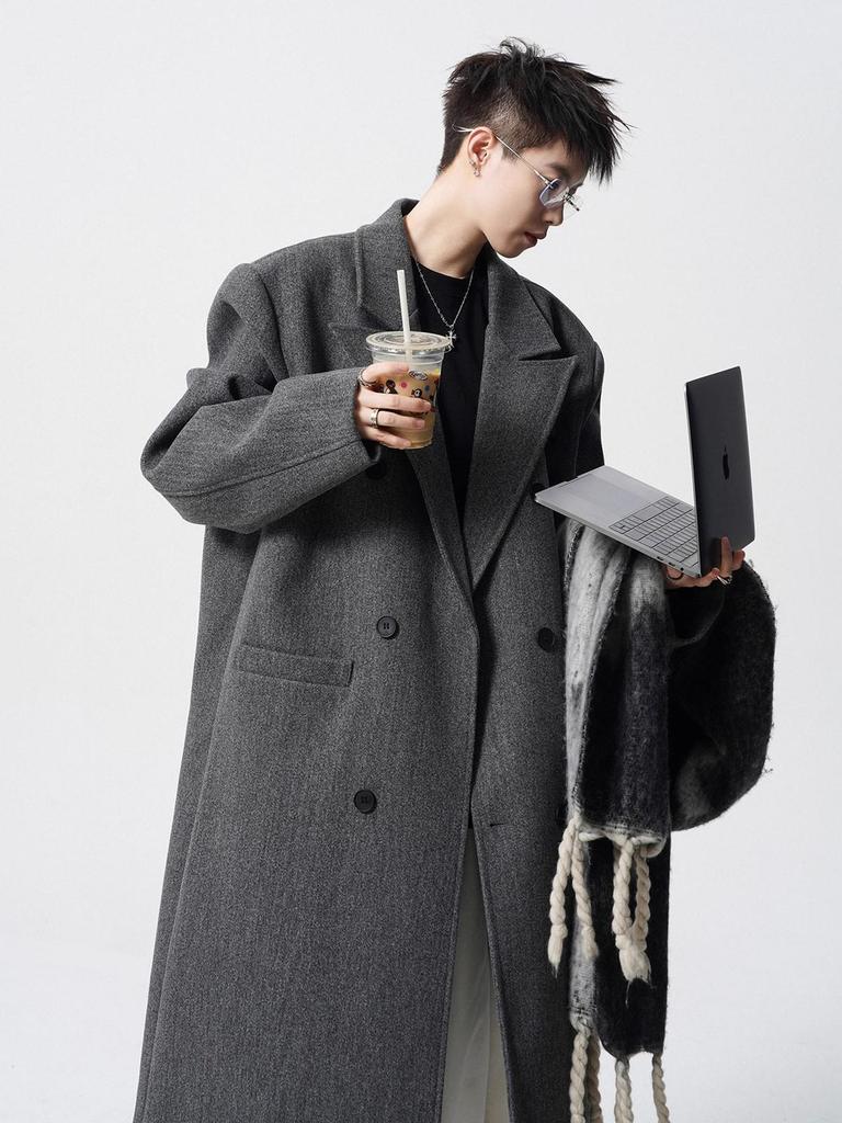 Men's Black Wool Trench Coat - Korean Style, Mid-Length, Over-the-Knee for 2025 Spring/Autumn