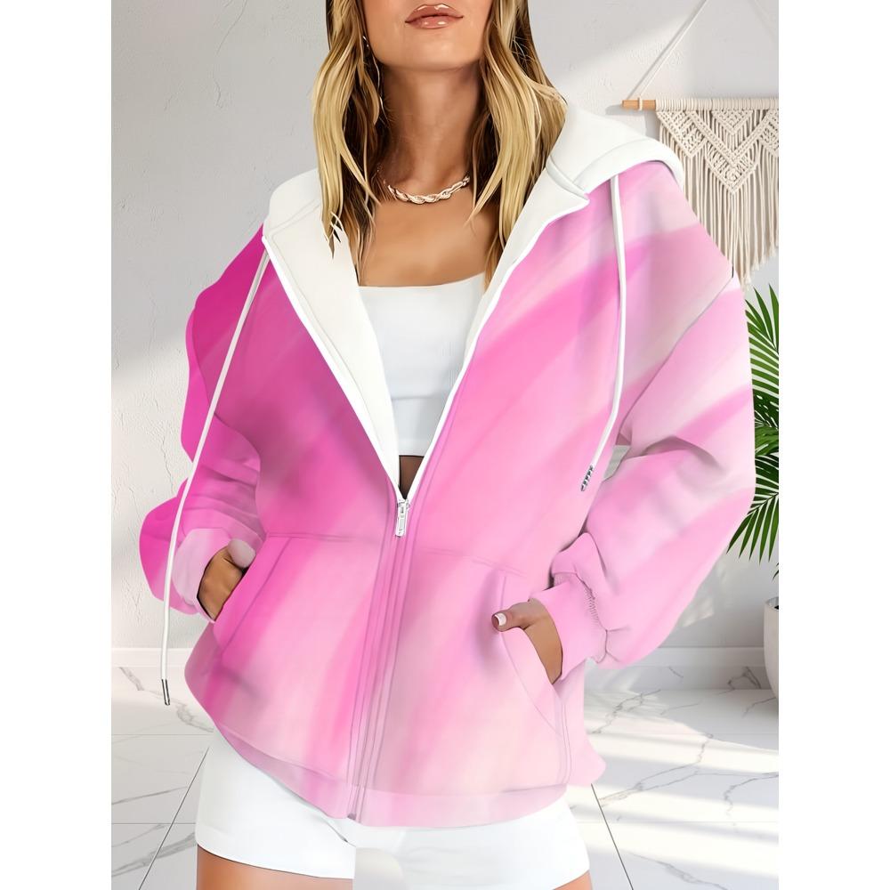 Plus Size - Women's Hooded Zip Sweatshirt with a gradual change of pink to white striped print