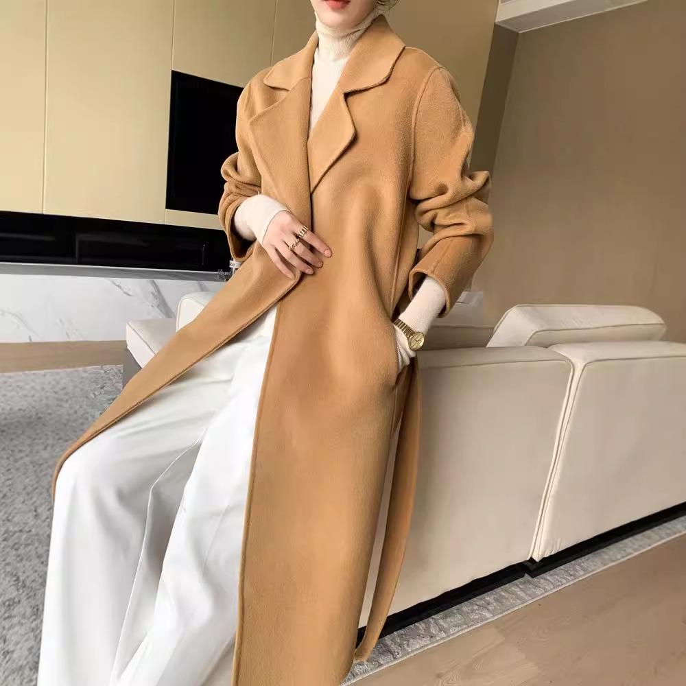 Women's Extra Long Wool Double-Faced Overcoat - Autumn/Winter Fashion with Suit Collar