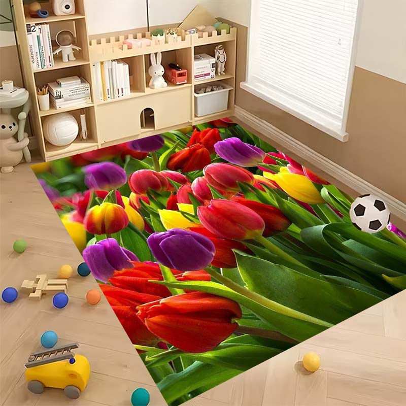 Luxurious Vintage Tulip Floral Pattern Floor Mat, Non-slip, Machine Washable, Suitable for Living Rooms, Bedrooms, and Home Déco
