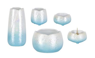 This Stylish, Mini, and Modern 5-piece Buddhist Altar Set In Luster Blue Features a 3.0-inch Design, Including a Teacup, Rice Bowl, Flower Vase,
