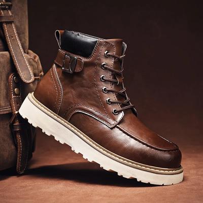 Non-Slip Men Casual Leather Shoes Retro Style Male Ankle Boots Lace-up Solid Ventilate Motorcycle Boots Leisure Walk Basic Shoes