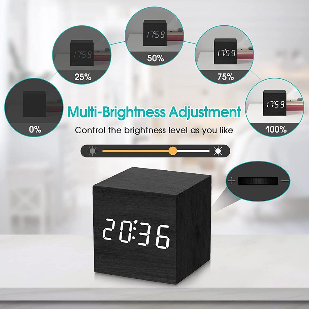 Wooden Digital Alarm Clock Voice Control LED Clock Art Ornament USB/Battery Powered Bedroom Table Clock for Office Room Decor