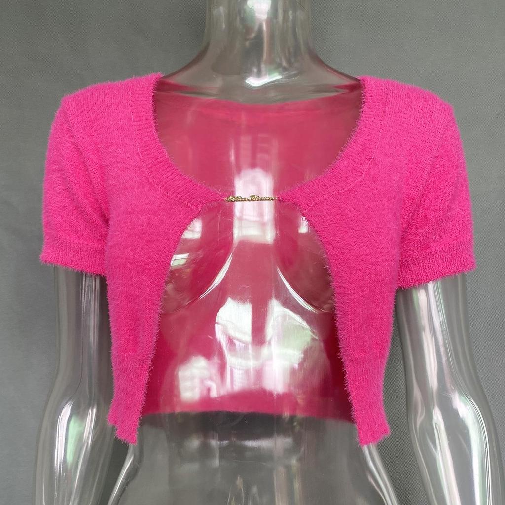 Mohér Bavlna Cardigany Topy Pro ženy Krátký rukáv Písmena Řetízek Elegantní Top Pletené zboží Jednobarevné S-XL