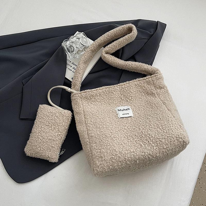 Women's Solid Color Imitation Sherpa Warm Plush Shoulder Bag with Inner Pocket Vintage Crossbody Handbag for Work & Travel KTY