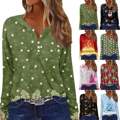 Long Sleeve Womens Tops Floral Print Vintage Fashion Casual Loose With V Neck Plus Size Shirts Christmas