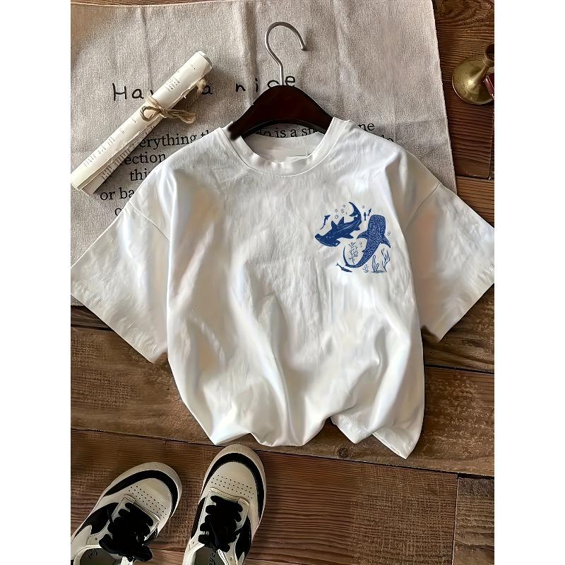 Women'S Casual And Comfortable Short-Sleeve T-Shirt with a Round Neck Featuring a Letter Shark Print