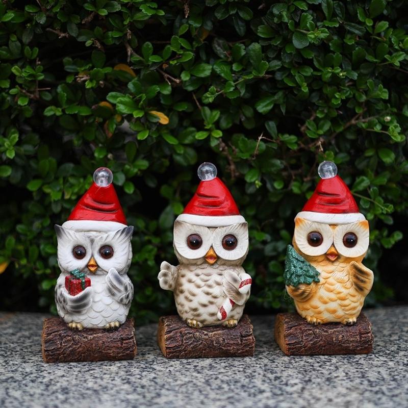 Owl Statue with LED Lighted Santa Hat for Festival Home Accent Resins Miniature Figurine Christmas Decorative Ornament