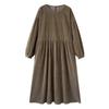 In-Stock Khaki Corduroy Puff Sleeve Dress for Autumn/Winter - Loose Fit, Long Sleeve, Literary Style