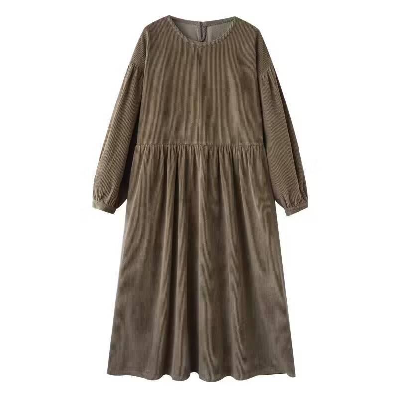 In-Stock Khaki Corduroy Puff Sleeve Dress for Autumn/Winter - Loose Fit, Long Sleeve, Literary Style