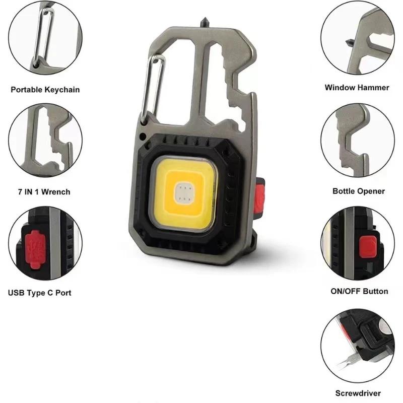 Keychain Work Light, Rechargeable Torch Led Super Bright with 7 Lights Modes With Screwdriver Bottle Opener for Outdoor Hiking