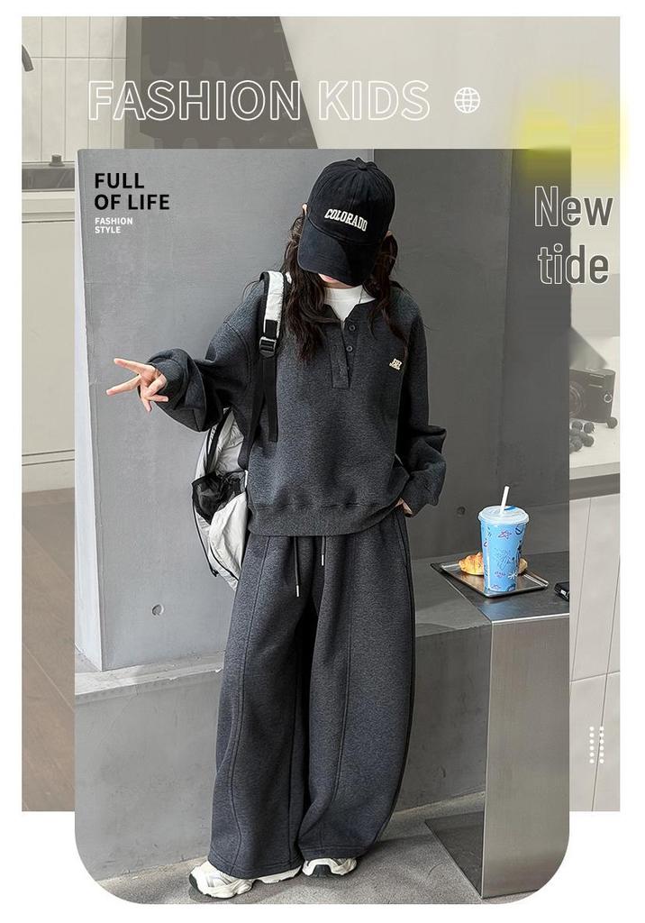 Girls' Faux Two-Piece Hoodie & Wide-Leg Pants Set – Korean Style for Autumn/Winter 2026