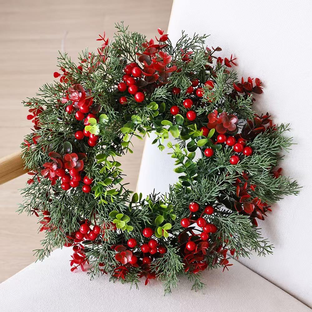 Plastic Artificial Christmas Wreath 35cm Round Christmas Door Decoration Garden Decor with Eucalyptus Leaves,Red Berry