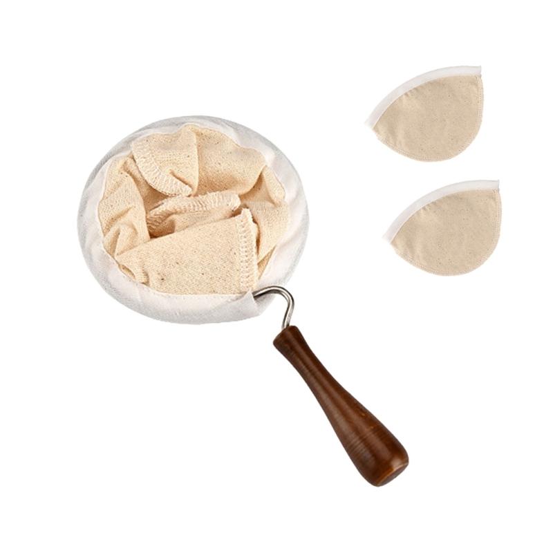 3pcs Washable Cloth Coffee Filter Pouches Coffee Sock Strainer with Wooden Handle Multi Size Brewing Accessories