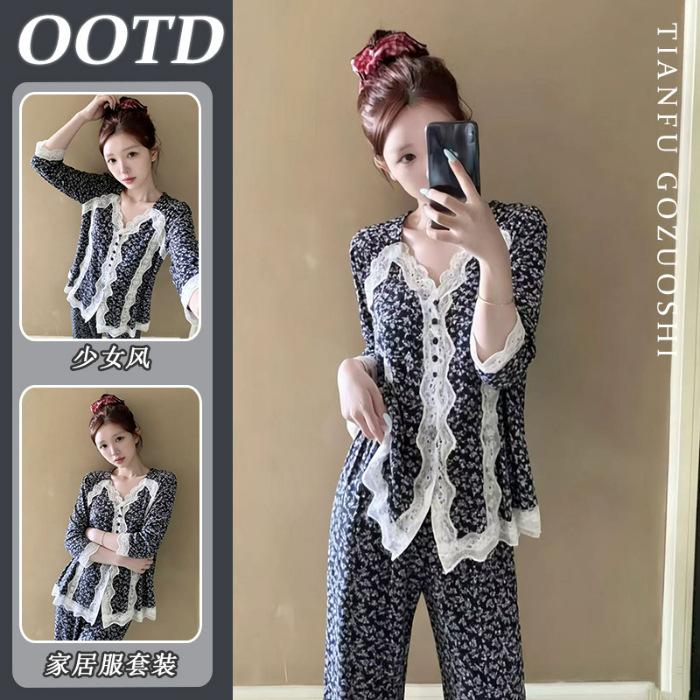 

[High-quality imitation cotton] Pajamas women s new leopard print floral lace autumn long sleeves simple small fresh home M
