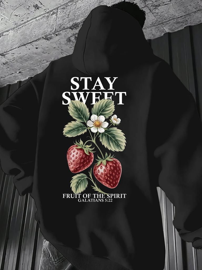Unisex Stay Sweet Strawberry Print Hoodie Men Back Graphic Pullover Sweatshirt Vintage Botanical Casual Streetwear Long Sleeve Hooded Top