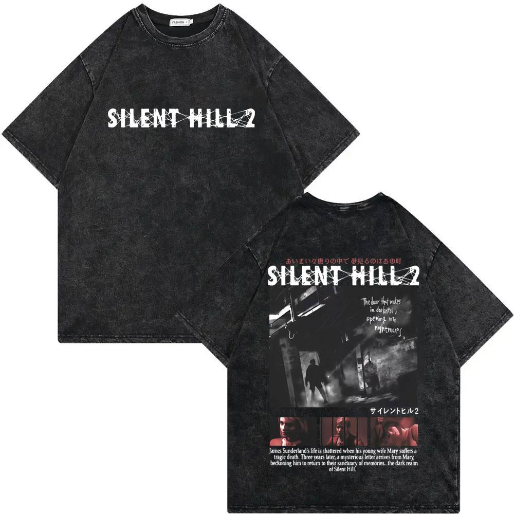 Game Silent Hill Vintage Washed Tshirt Men Women Gothic Fashion T Shirts High Quality Cotton Oversized Tshirts Streetwear