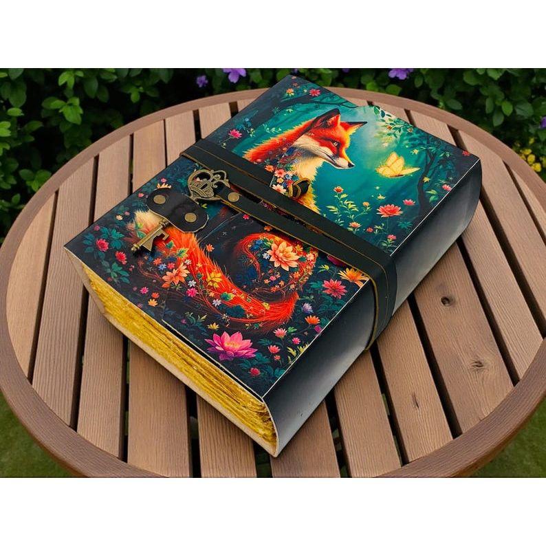 Fox Leather Journal Vintage Handmade Notebook With Key Grimoire Spell Book of Shadows Celestial Diary Christmas Gifts For Him Her