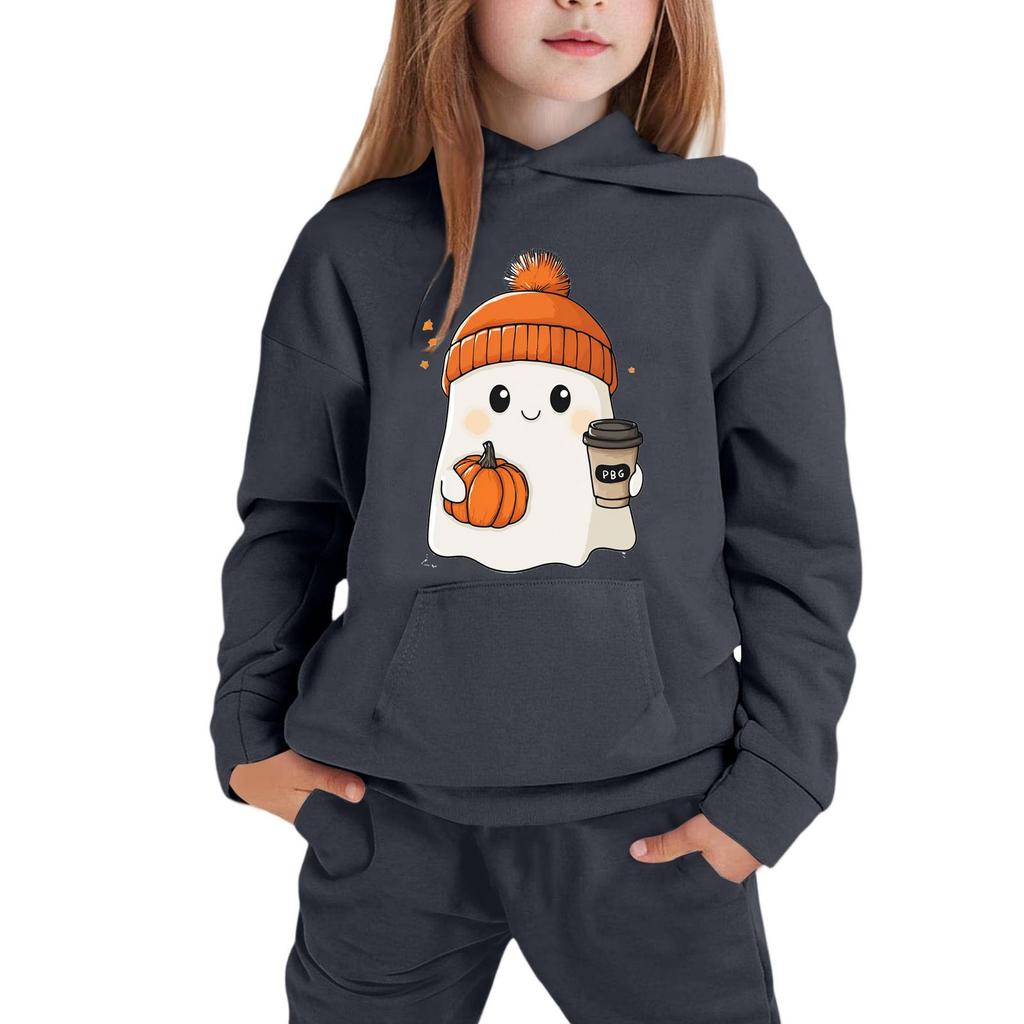 Kids Hoodie Sweatshirt Halloween Ghost Print Pullover Long Sleeve Hooded Top for Boys Girls Soft Comfortable Casual Wear