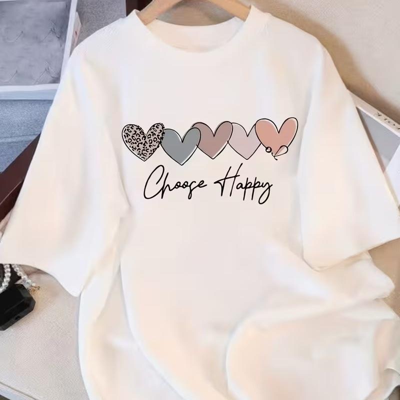 Minimalist Choose Happy Hearts T-Shirt Inspirational Quote Leopard Print Tee Loose Fit Crewneck Streetwear Top