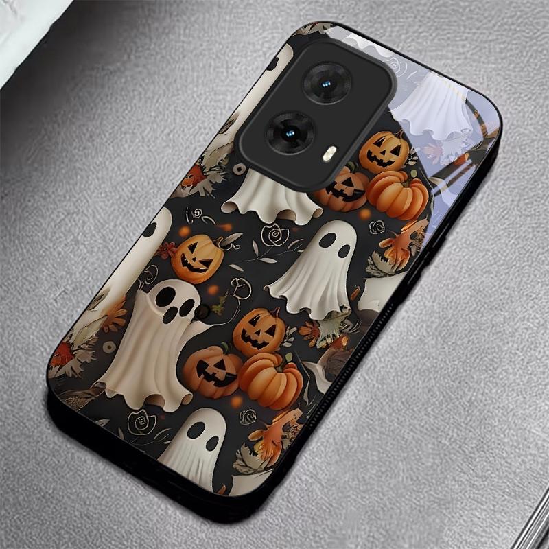 Halloween Ghost Art Black Glass Phone Case For Motorola Moto G14 G22 G24Power G24 G34 G35 G45 G54 55 G75 G84 85 Hard Black Cover