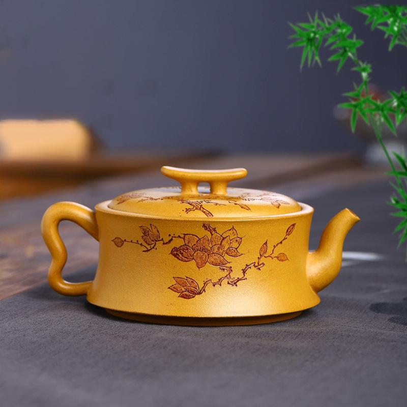 Lila Yixing-Ton-Teekanne, vollständig handgefertigt, goldener Schnitt, Ton, duftender Yuan-Yi-Qing-Topf, Kung-Fu-Teeset, Teekanne, Fassungsvermögen: 300 ml