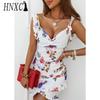 HNXC Summer Women Floral Print Butterfly Sleeve Bodycon Dress Ruffle V Neck Bandage Casual Short Sundress Female Beach Spaghetti Strap Mini Dress