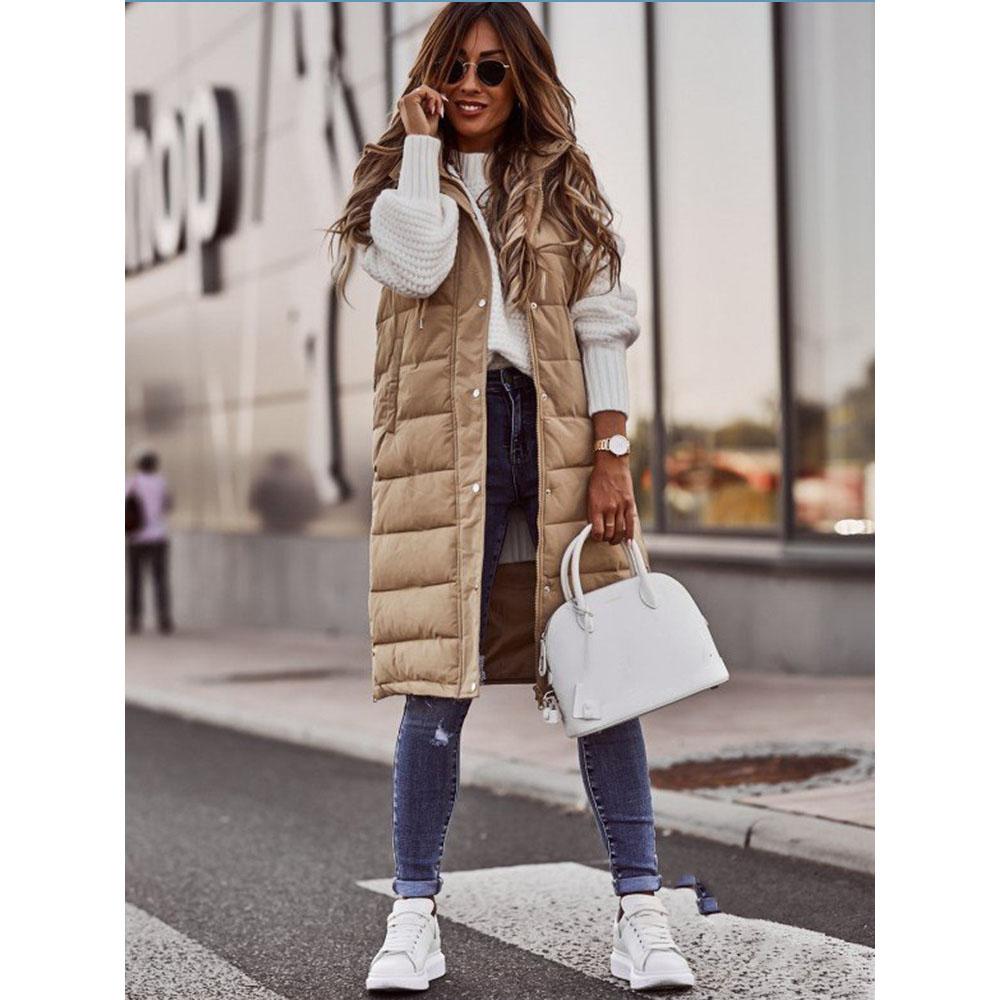 Høst Vinter Ermeløs Varm Bomull Dun Dame Vattert Vest Lang Kåpe Vest med Hette Kåpe Plussstørrelse