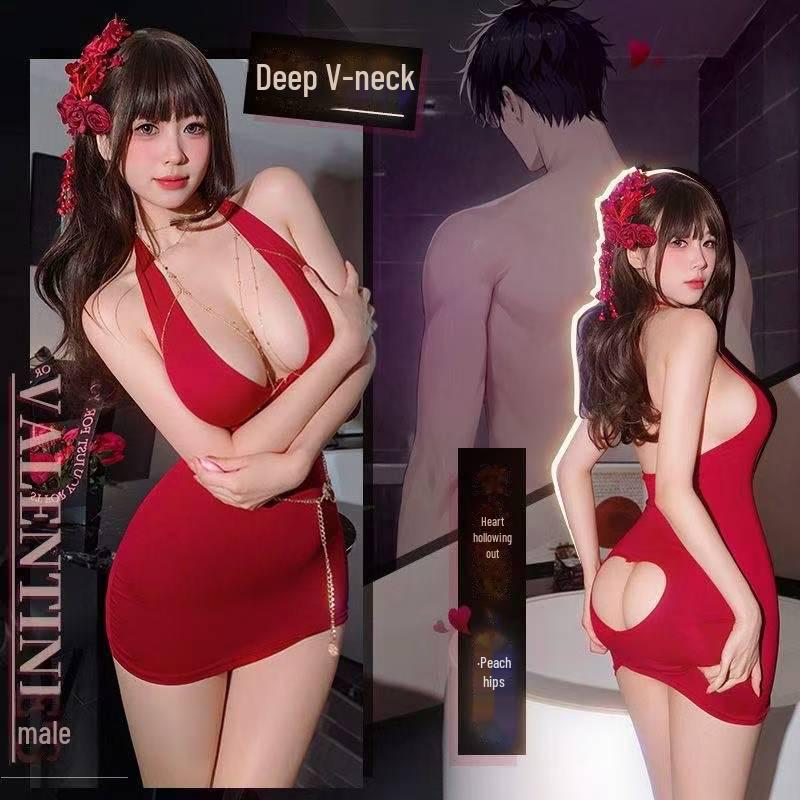 Rose Lady Sexy Backless Cheongsam Nightdress Lingerie Set