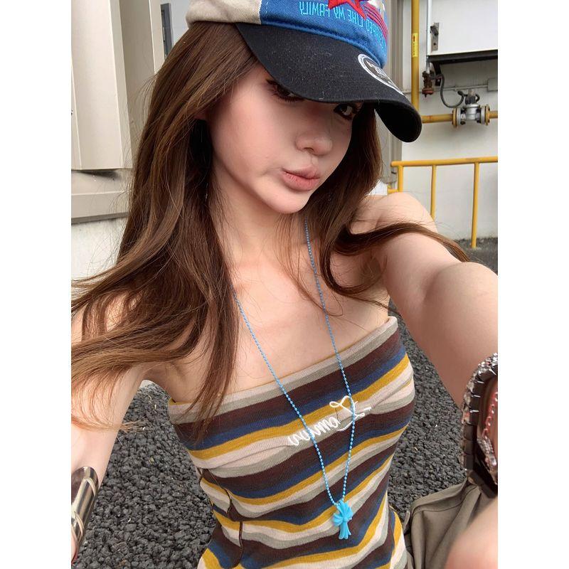 Kumikumi Gyaru Style Set Retro Stripe Tube Top Vest Women Summer Slimming Casual Overalls Two-piece Set