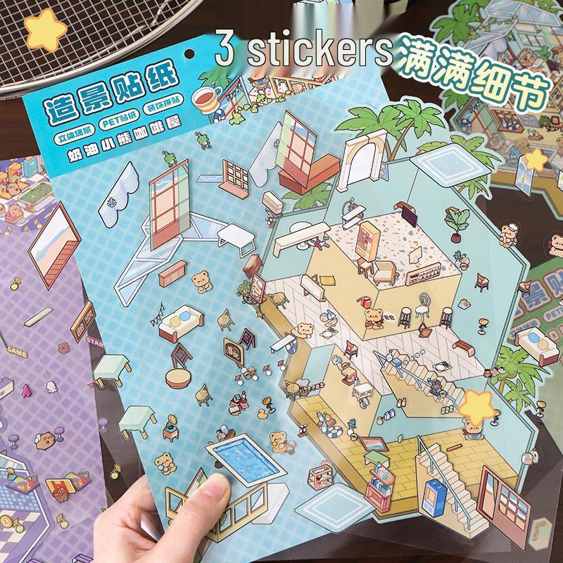 3D Cartoon Layered Landscaping Stickers - Miniature Scene DIY Decals for Stress Relief