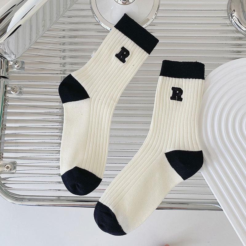 5 Pairs of Female Spring and Summer New Embroidery Stripe Simple and Breathable In The Tube Pile Socks
